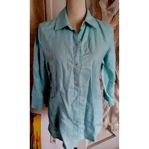 Women Button Up Linen Shirt Blouse Blue 3/4 Sleeve Size 8